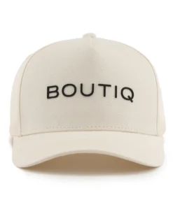 Boutiq 5-Panel Baseball Hat in beige with embroidered logo.