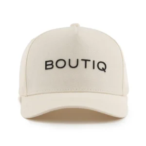Boutiq 5-Panel Baseball Hat in beige with embroidered logo.