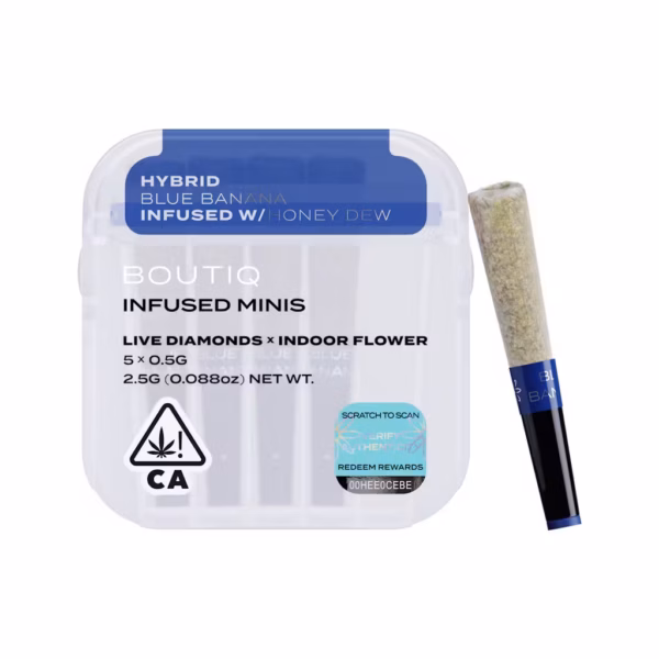 Boutiq Blue Banana x Honey Dew Live Diamond Infused Pre-Rolls 5-pack in an airtight, waterproof case.