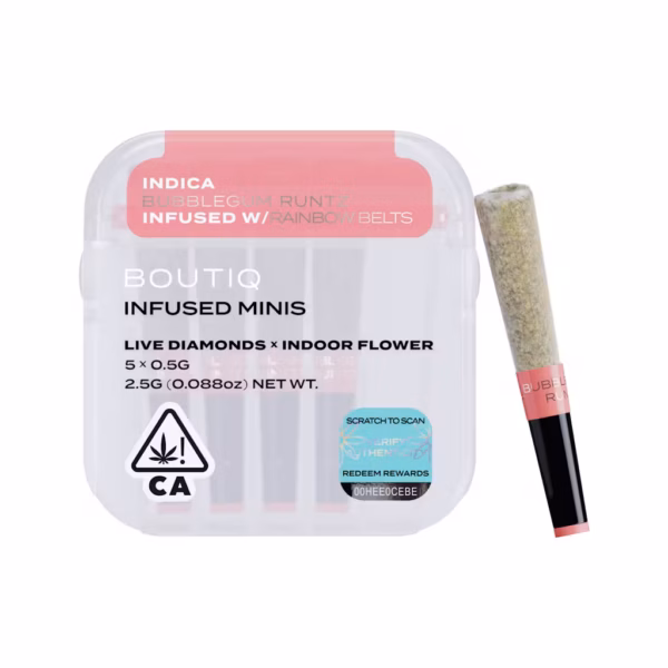 Boutiq Bubblegum Runtz x Rainbow Belts Live Diamond Infused Pre-Rolls 5-pack in an airtight, waterproof case.