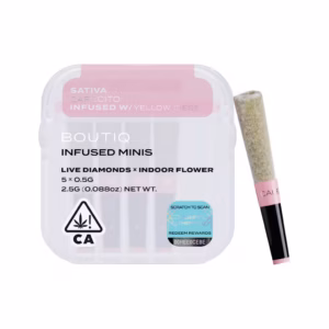 Boutiq Cafecito x Yellow Diesel Live Diamond Infused Pre-Rolls 5-pack in an airtight, waterproof case.