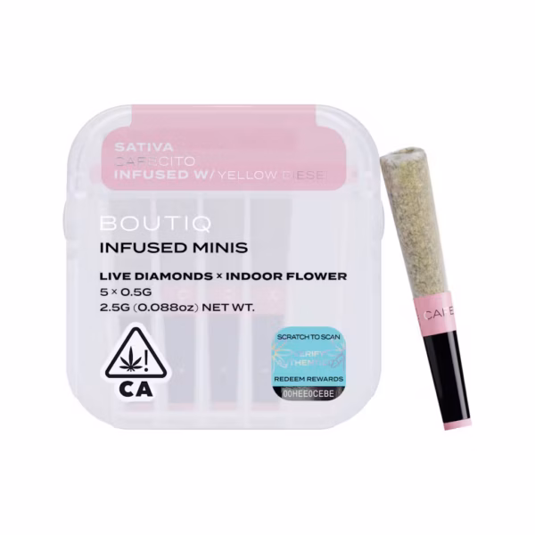 Boutiq Cafecito x Yellow Diesel Live Diamond Infused Pre-Rolls 5-pack in an airtight, waterproof case.