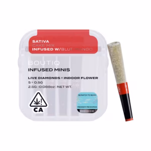 Boutiq Cake Mix x Blue Mango Live Diamond Infused Pre-Rolls 5-pack in an airtight, waterproof case.