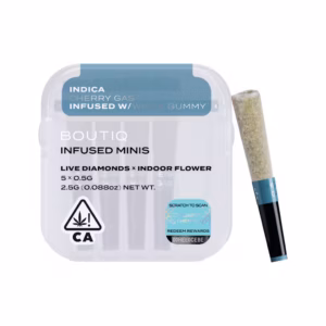 Boutiq Cherry Gas x White Gummy Live Diamond Infused Pre-Rolls 5-pack in an airtight, waterproof case.
