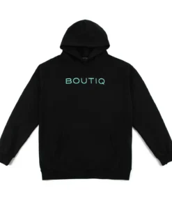 Boutiq Classic Black Hoodie with signature blue logo and kangaroo pockets.