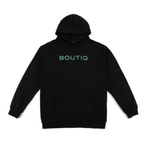 Boutiq Classic Black Hoodie with signature blue logo and kangaroo pockets.