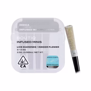Boutiq Frostiez x Purple Papaya Live Diamond Infused Pre-Rolls 5-pack in an airtight, waterproof case.