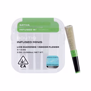 Boutiq Hawaiian Snow x Tropical Haze Live Diamond Infused Pre-Rolls 5-pack in an airtight, waterproof case.