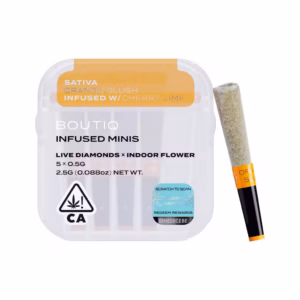 Boutiq Orange Slush x Cherry Lime Live Diamond Infused Pre-Rolls 5-pack in an airtight, waterproof case.