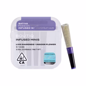 Boutiq Passion Fruit x Grapefruit Haze Live Diamond Infused Pre-Rolls 5-pack in an airtight, waterproof case.