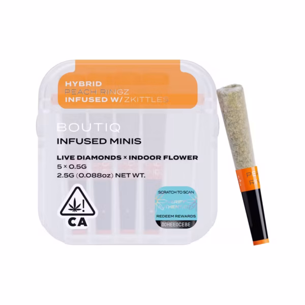 Boutiq Peach Ringz x Zkittles Live Diamond Infused Pre-Rolls 5-pack in an airtight, waterproof case.