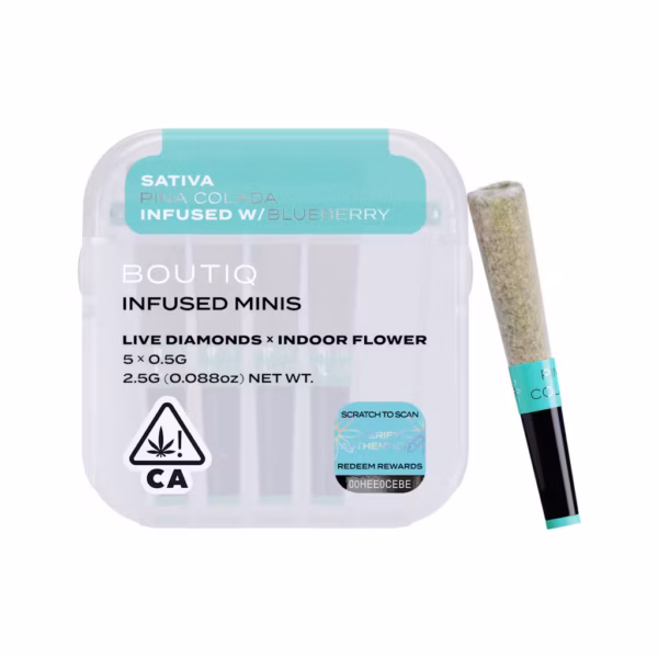 Boutiq Pina Colada x Blueberry Live Diamond Infused Pre-Rolls 5-pack in an airtight, waterproof case.