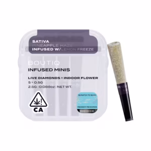 Boutiq Pineapple Haze x Lemon Freeze Live Diamond Infused Pre-Rolls 5-pack in an airtight, waterproof case.