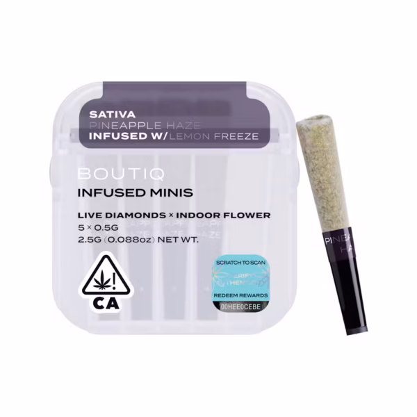 Boutiq Pineapple Haze x Lemon Freeze Live Diamond Infused Pre-Rolls 5-pack in an airtight, waterproof case.