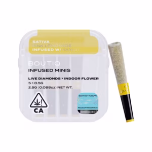 Boutiq Pink Lemonade x Mango Live Diamond Infused Pre-Rolls 5-pack in an airtight, waterproof case.
