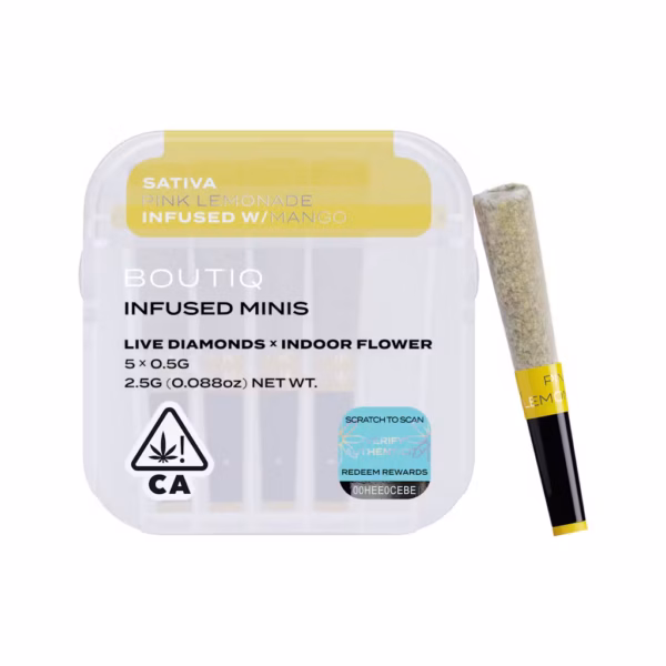 Boutiq Pink Lemonade x Mango Live Diamond Infused Pre-Rolls 5-pack in an airtight, waterproof case.