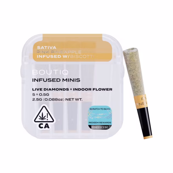Boutiq Pink Pineapple x Biscotti Live Diamond Infused Pre-Rolls 5-pack in an airtight, waterproof case.