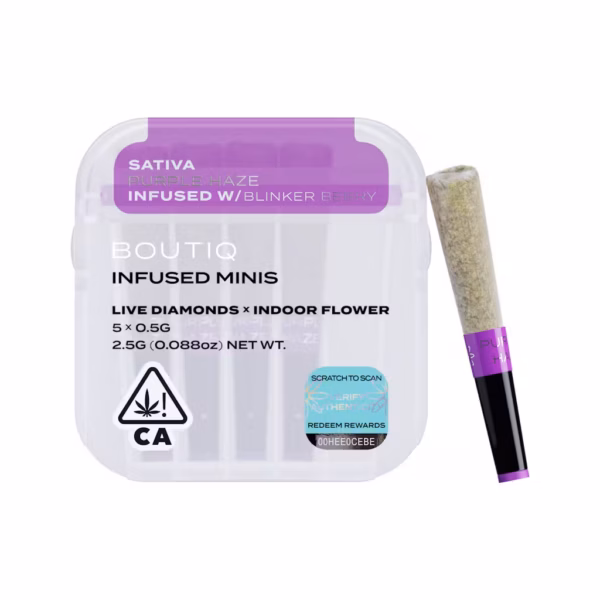 Boutiq Purple Haze x Blinker Berry Live Diamond Infused Pre-Rolls 5-pack in an airtight, waterproof case.