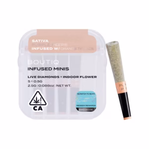 Boutiq Purple Peeps x Orange Tic Tacs Live Diamond Infused Pre-Rolls 5-pack in an airtight, waterproof case.