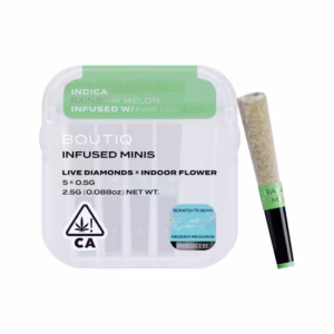 Boutiq Rainbow Melon x King Louis OG Live Diamond Infused Pre-Rolls 5-pack in an airtight, waterproof case.