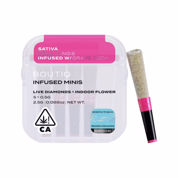 Boutiq Sour Tangie x Grape Soda Live Diamond Infused Pre-Rolls 5-pack in an airtight, waterproof case.