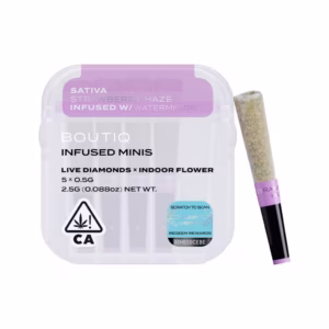 Boutiq Strawberry Haze x Watermelon-Z Live Diamond Infused Pre-Rolls 5-pack in an airtight, waterproof case.