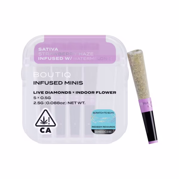 Boutiq Strawberry Haze x Watermelon-Z Live Diamond Infused Pre-Rolls 5-pack in an airtight, waterproof case.