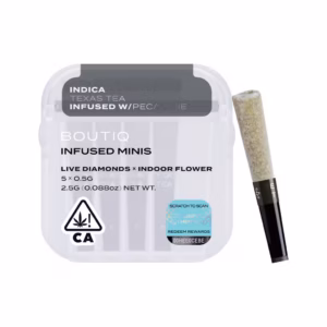 Boutiq Texas Tea x Pecan Pie Live Diamond Infused Pre-Rolls 5-pack in an airtight, waterproof case.