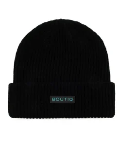 Boutiq Cozy Knit Beanie in black with cuffed edge and front rubber logo.