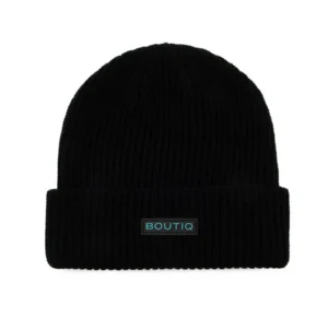 Boutiq Cozy Knit Beanie in black with cuffed edge and front rubber logo.