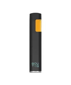 Boutiq Switch Disposable Vape, a sleek device with a transparent chamber displaying golden live resin cannabis oil, clearly labeled for the Strawberry Shortcake strain, featuring the 'BOUTIQ' label, presented on a clean white background.