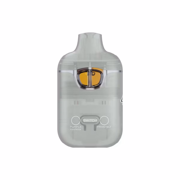 Boutiq Switch 1G dual-chamber vape pen with Purple Papaya (Indica) and Frostiez (Indica) liquid diamonds cannabis oil, on a clean white background, showcasing the 'SWITCH' button.