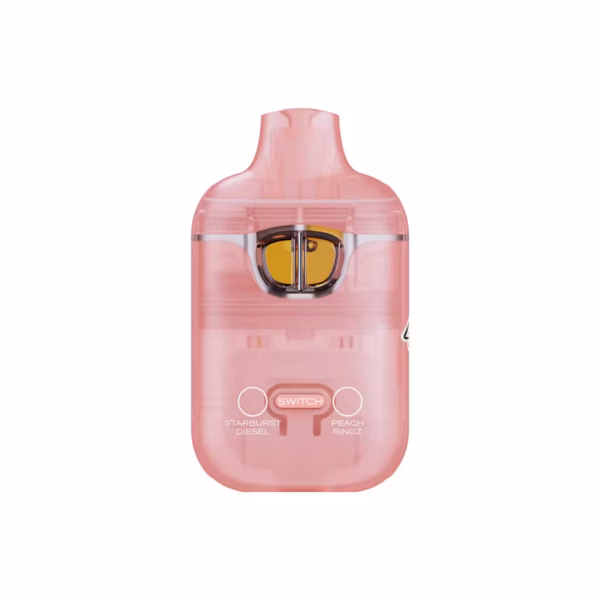 Boutiq Switch dual-chamber vape pen with Starburst Diesel and Peach Ringz liquid diamonds cannabis oil, on a clean white background, showcasing the 'SWITCH' button.