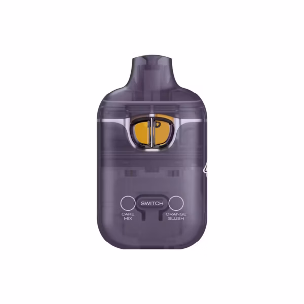 Boutiq Switch dual-chamber vape pen with Cake Mix (Sativa) and Orange Slush (Sativa) cannabis oil, on a clean white background, showcasing the 'SWITCH' button.