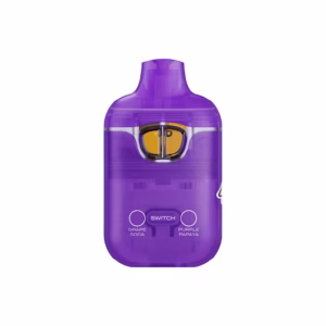 Boutiq Switch dual-chamber vape pen with Grape Soda (Indica) and Purple Papaya (Indica) cannabis oil, on a clean white background, showcasing the 'SWITCH' button.