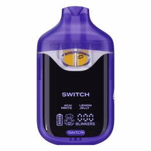 Boutiq Switch V4 dual-chamber disposable vape pen with a digital display, featuring Acai Mintz and Lemon Jelly cannabis oil flavors, presented on a clean white background.
