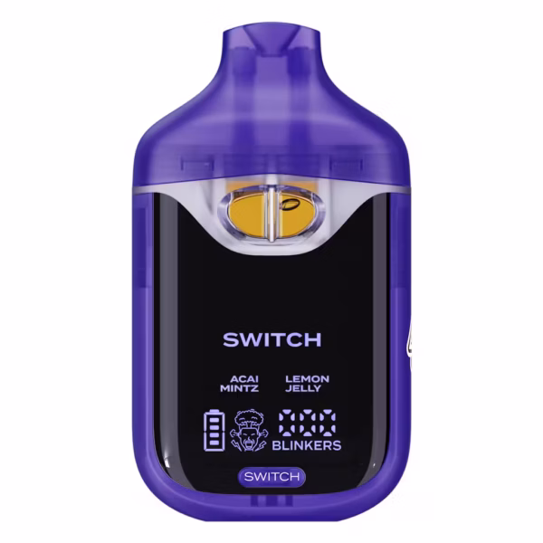 Boutiq Switch V4 dual-chamber disposable vape pen with a digital display, featuring Acai Mintz and Lemon Jelly cannabis oil flavors, presented on a clean white background.