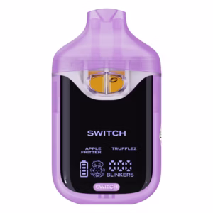 Boutiq Switch V4 2G disposable vape pen featuring a digital display, transparent dual-chambers filled with Apple Fritter and Trufflez cannabis oil, on a clean white background.