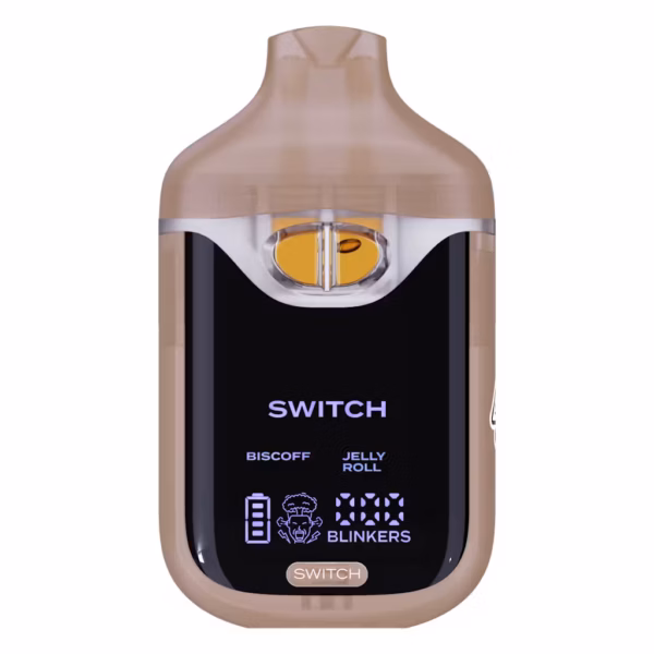 Boutiq Switch V4 2G disposable vape pen with a digital display, featuring transparent dual-chambers filled with Biscoff and Jelly Roll cannabis oil flavors, presented on a clean white background.