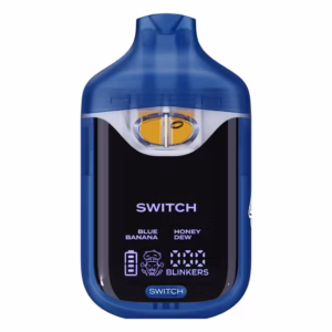 Boutiq Switch V4 2G disposable vape pen with a digital display, featuring transparent dual-chambers filled with Blue Banana and Honey Dew cannabis oil flavors, presented on a clean white background.