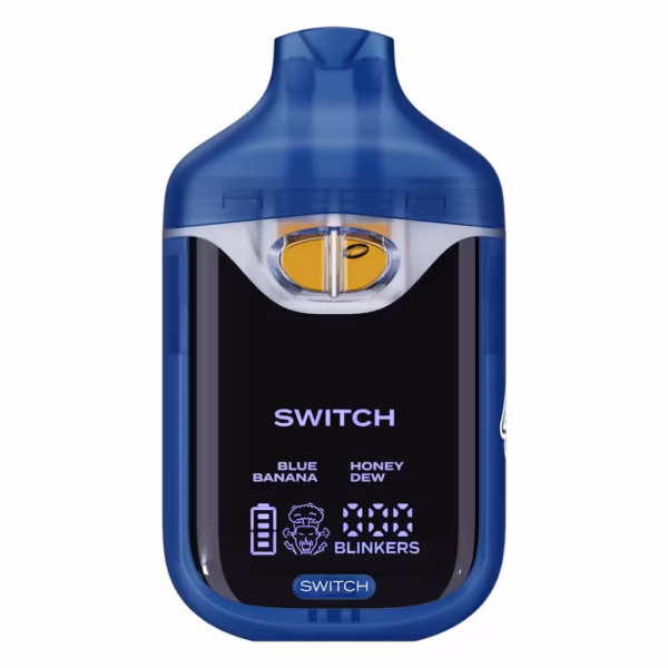 Boutiq Switch V4 2G disposable vape pen with a digital display, featuring transparent dual-chambers filled with Blue Banana and Honey Dew cannabis oil flavors, presented on a clean white background.