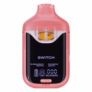 Boutiq Switch V4 2G dual-chamber vape pen displaying Bubblegum Runtz and Rainbow Belts cannabis oil, with digital screen and 'SWITCH' button, on a white background.