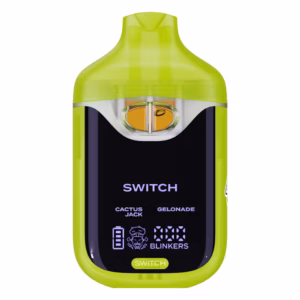 Boutiq Switch V4 2G dual-chamber vape pen displaying Cactus Jack and Gelonade cannabis oil, with digital screen and 'SWITCH' button, on a clean white background.