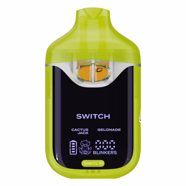Boutiq Switch V4 2G dual-chamber vape pen displaying Cactus Jack and Gelonade cannabis oil, with digital screen and 'SWITCH' button, on a clean white background.