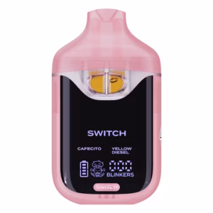Boutiq Switch V4 2G dual-chamber vape pen displaying Cafecito and Yellow Diesel cannabis oil, with digital screen and 'SWITCH' button, on a clean white background.