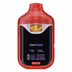 Boutiq Switch V4 2G dual-chamber vape pen displaying Cake Mix and Blue Mango cannabis oil, with digital screen and 'SWITCH' button, on a clean white background.