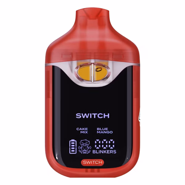 Boutiq Switch V4 2G dual-chamber vape pen displaying Cake Mix and Blue Mango cannabis oil, with digital screen and 'SWITCH' button, on a clean white background.