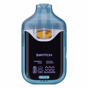Boutiq Switch V4 2G dual-chamber vape pen displaying Cherry Gas and White Gummy cannabis oil, with digital screen and 'SWITCH' button, on a clean white background.