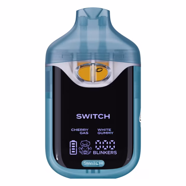 Boutiq Switch V4 2G dual-chamber vape pen displaying Cherry Gas and White Gummy cannabis oil, with digital screen and 'SWITCH' button, on a clean white background.