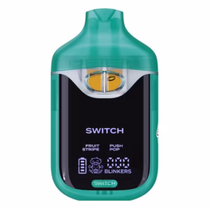 Boutiq Switch V4 2G dual-chamber vape pen displaying Fruit Stripe and Push Pop cannabis oil, with digital screen and 'SWITCH' button, on a clean white background.